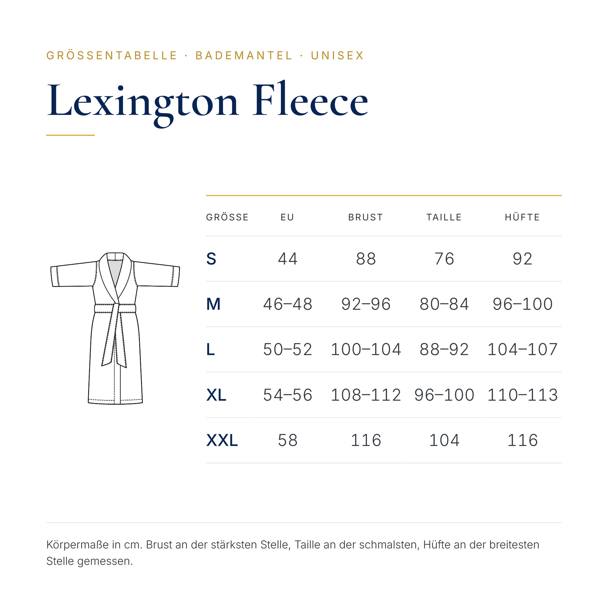 Größentabelle Lexington Fleece Bademantel Unisex
